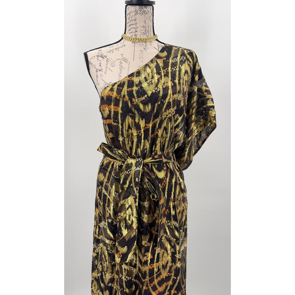 B60 Marie Oliver Farrow Caftan Maxi Dress Small One Shoulder Silk Metallic - Picture 7 of 11